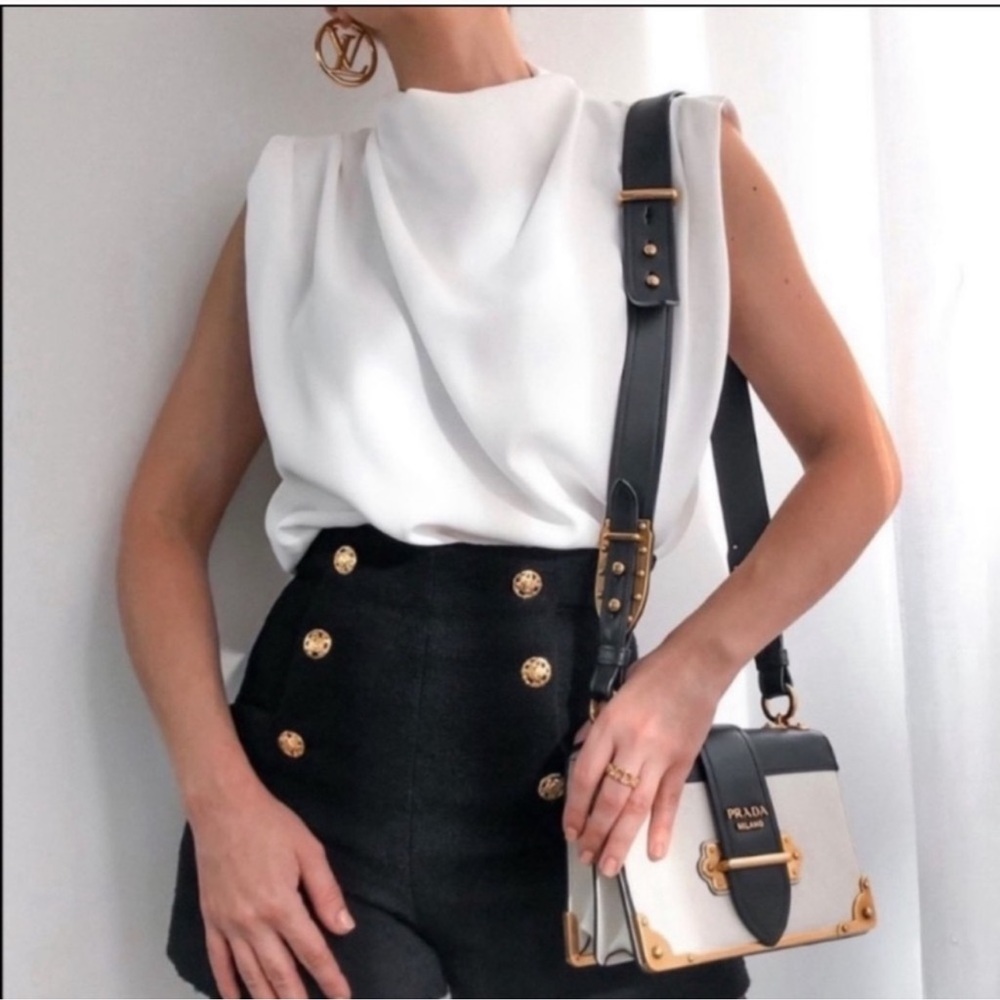 Zara Black Textured High Waisted Shorts with Gold Buttons